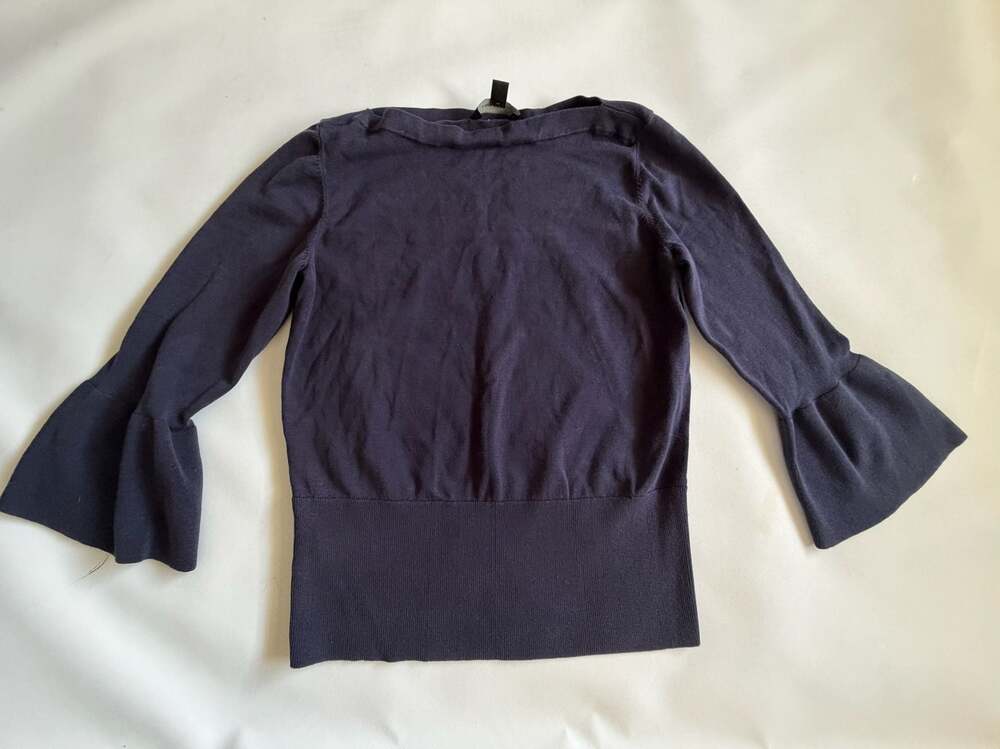 Ann Taylor M Navy Off Shoulder Sweater Top Bell Sleeve Knit Womens Stretch
